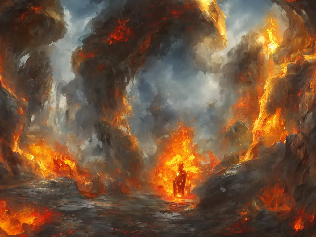 Image similar to a painting of inferno with an open door to paradise, Trending on artstation