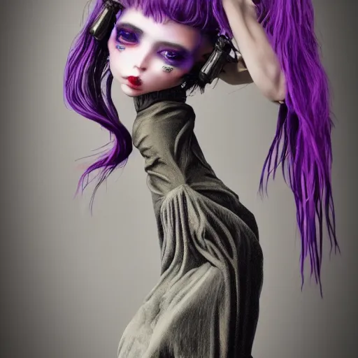 Prompt: photorealistic soft paint of absurdities and curiosities, very beautiful dollpunk female full long dress, ultra deep fog, purple black lustrous thin haircut, symmetry accurate features, focus, very intricate ultrafine details, award winning masterpiece