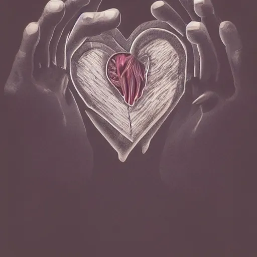 Prompt: an artwork of hands ripping a heart in two broken pieces, sadness, dark ambiance, an album cover by Godfrey Blow, featured on deviantart, lyco art, artwork, photoillustration, poster art