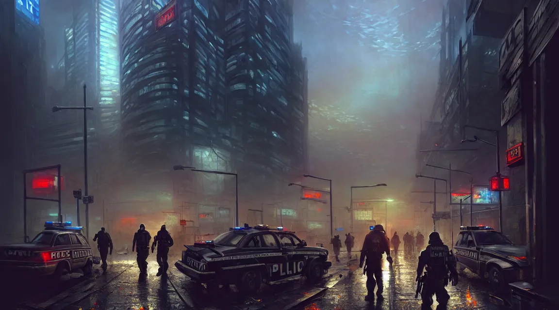 Prompt: a sharp clear game scene with a environment of a post - apocalyptic police station, building, avenue, urban architecture, apocalyptic architecture, paved roads, by thomas kinkade, trending on artstation, hyperrealistic, human silhouettes, cyberpunk, environment artist, dystopian, science fiction