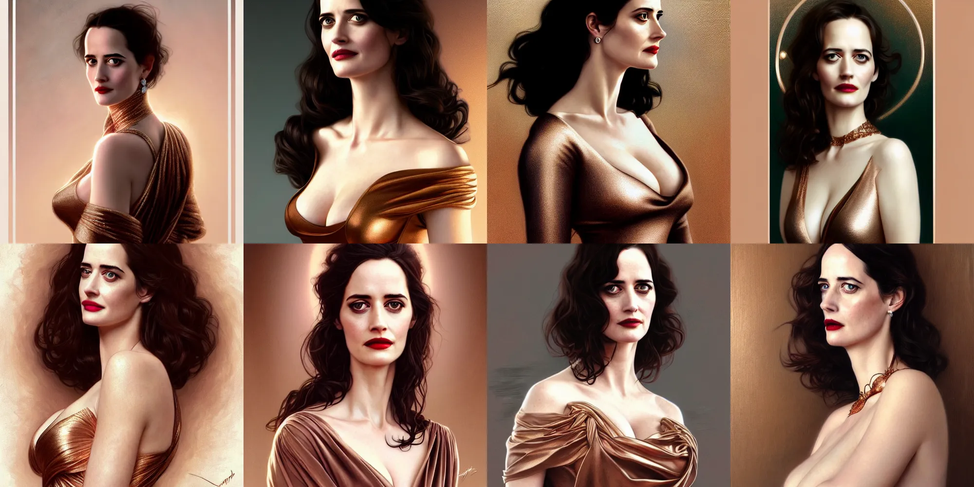 Prompt: Eva Green with a rose gold dress, with no derpy face, hyper realistic portrait, intricate, elegant, highly detailed, digital painting, artstation, concept art, rough, sharp focus, illustration, art by artgerm and greg rutkowski and alphonse mucha