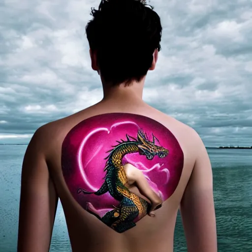 Image similar to Surrealism, a beautiful young man, piercing, dragon tattoo on the body, meditating over the surface of the pink ocean