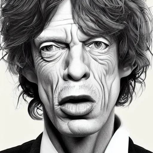 Image similar to Caricature portraits done of Mick Jagger, realistic, hyperrealistic, very realistic, highly detailed, very detailed, extremely detailed, detailed, oil painting, digital art, trending on artstation