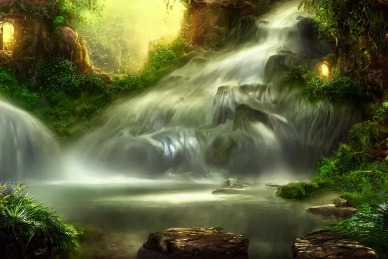 Prompt: a fantasy enchanted waterfall. cinematic lighting. photorealism.