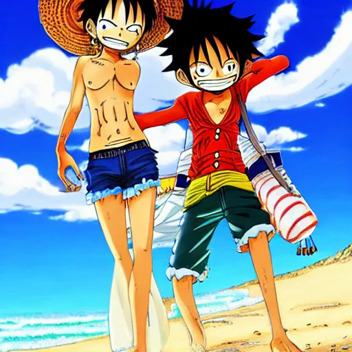 Prompt: luffy from one piece, anime art, pixiv, luffy is on the beach with nami