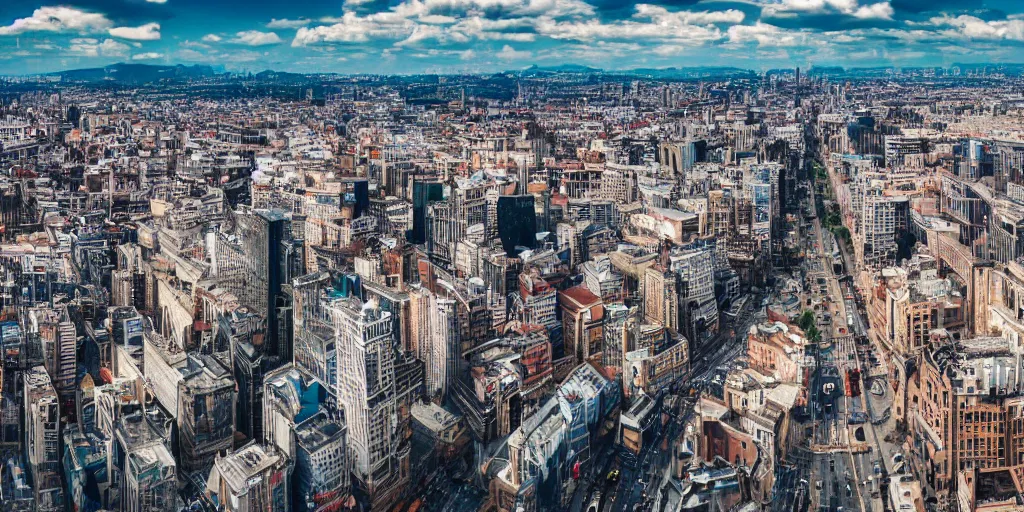 Prompt: large city, wide shot, sunny day, clouds, beautiful, national geographic, professional photography, detailed buildings, 4k, DSLR, HDR,