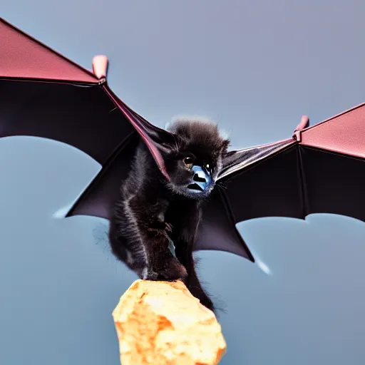 Image similar to a bat kitten flying, Canon EOS R3, telephoto, very detailed, 4k