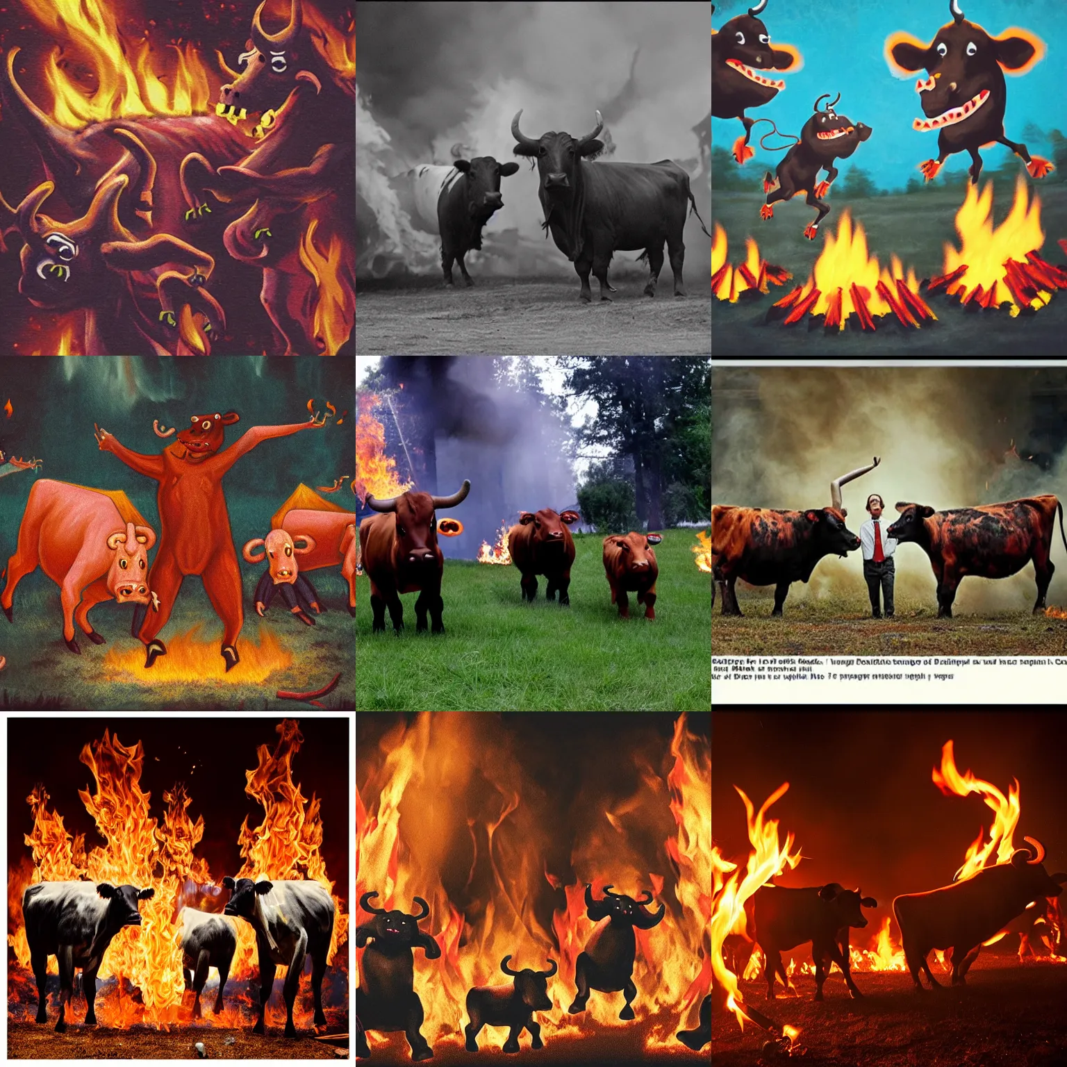 Prompt: photo of dancing demonic anthropomorphic cows around fire, fire, hell