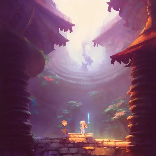 Image similar to key shot of ancient underground dungeon, studio ghibli, bloom, anime key art, gloomhaven, organic painting, hard edges, luminescent, octane render, by greg manchess, huang guangjian, gil elvgren, sachin teng, greg rutkowski, jesper ejsing, rhads, cushart krenz, anton fadeev