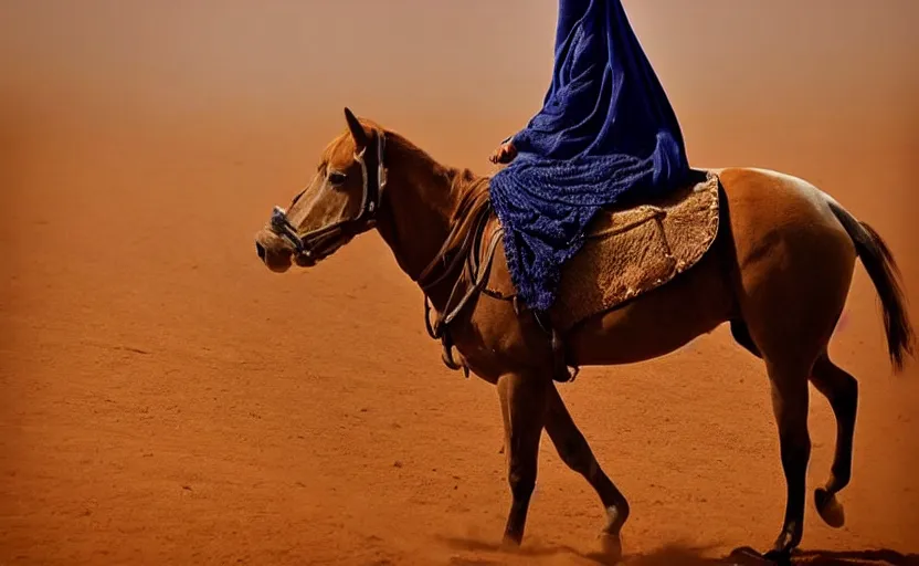 Prompt: beautiful burqa's woman, riding a horse!!! in saharan, sharp eyes, perfect dynamic posture, dust, cinematic, perfect dynamic pose, pinterest, very perfect position, award winning photo by national geographic, bokeh