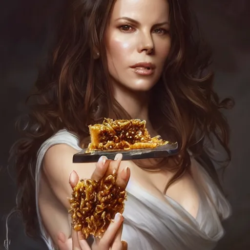 Prompt: Kate Beckinsale eating fork covered in honey, D&D, fantasy, intricate, elegant, highly detailed, digital painting, artstation, concept art, matte, sharp focus, illustration, hearthstone, art by Artgerm and Greg Rutkowski and Alphonse Mucha