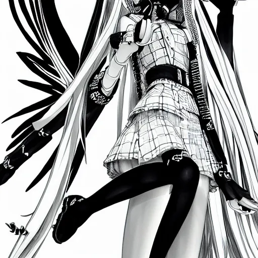 Prompt: hatsune miku by Kentaro Miura, black and white, highly detailed