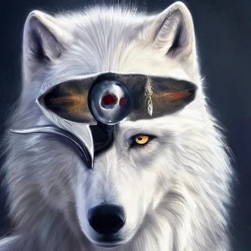 Prompt: A white wolf wearing an eyepatch, portrait, very detailed, artstation, award winning masterpiece, colourful, oil painting