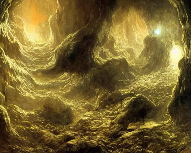 Prompt: terrible humanoid like creatures hiding in crevices at the bottom of the ocean, in deep caves illuminated by bright shining crystals, abyssal depths, horror art, dramatic lighting, incredible masterpiece artwork by shan qiao and albert bierstadt and rembrandt