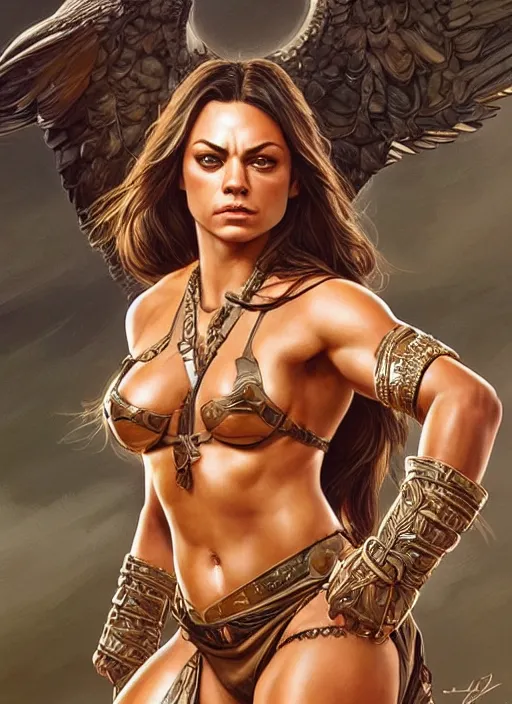 Image similar to Mila Kunis as a very muscled rugged looking Amazon, intricate, elegant, highly detailed, centered, digital painting, artstation, concept art, smooth, sharp focus, illustration, art by artgerm and donato giancola and Joseph Christian Leyendecker, WLOP