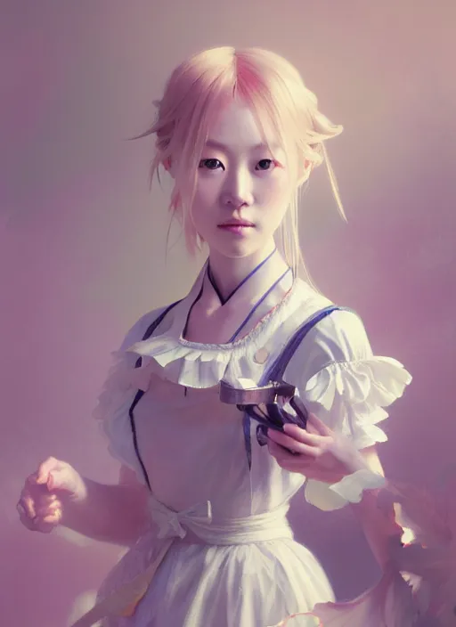 Image similar to symmetry!! portrait of a pretty japanese girl with blonde hair dressed as a french maid, elegant, highly detailed, digital painting, 8 k, concept art, smooth, sharp focus, illustration, ethereal, misty, octane render, by ruan jia and jeremy mann and alphonse mucha