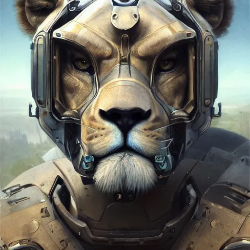 Prompt: portrait painting of a lion - headed cyborg with power armor, ultra realistic, concept art, intricate details, eerie, highly detailed, photorealistic, octane render, 8 k, unreal engine. art by artgerm and greg rutkowski and alphonse mucha