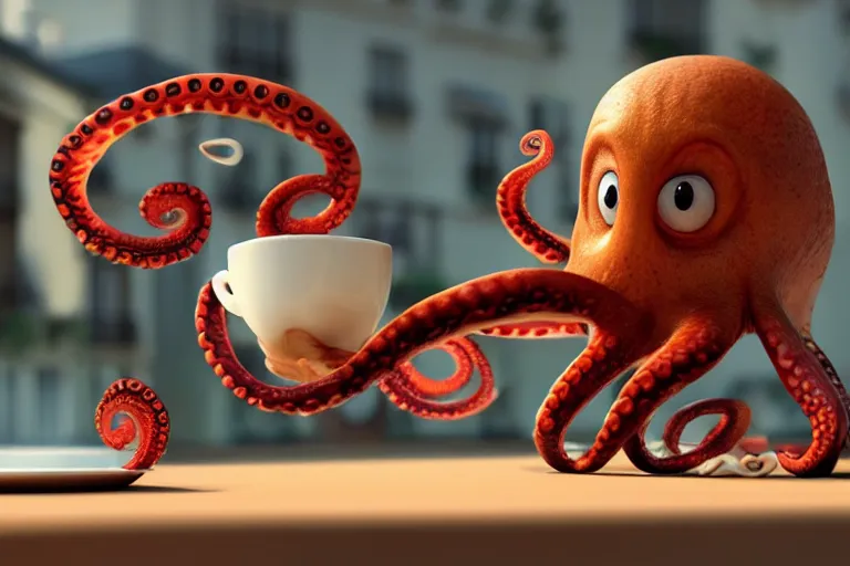 Prompt: Angry little octopus threaten with a fist from a cup of coffee in beautiful morning café in Paris. Pixar Disney 4K 3d render funny animation movie Oscar winning trending on ArtStation and Behance. Oscar Award winner