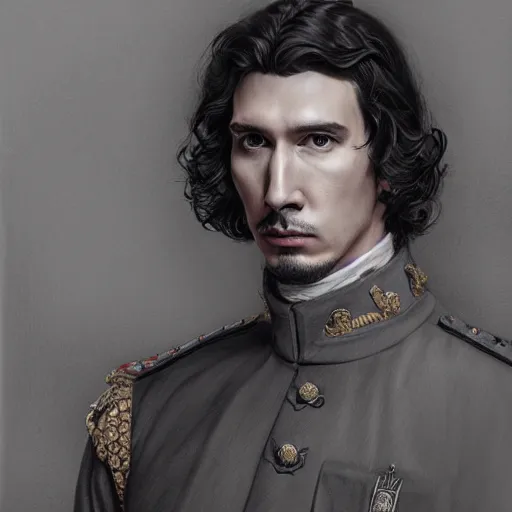 Image similar to portrait of stoic king adam driver with his queen john oliver, full body, military uniform, fantasy, intricate, elegant, beautiful, highly detailed, charcoal, centered, dark, smokey, digital painting, artstation, concept art, smooth, sharp focus, illustration, art by artgerm and greg rutkowski and alphonse mucha