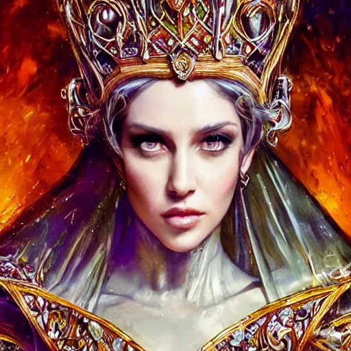 Prompt: epic ultra detailed realistic portrait of beautiful queen in incredible armor made of candles and translucent fabric. in the garden.. magic, concept art, incredible face. intricate, elegant. by basil gogos. art by wlop and artgerm and greg rutkowski and andrei riabovitchev. medieval background my james jeand