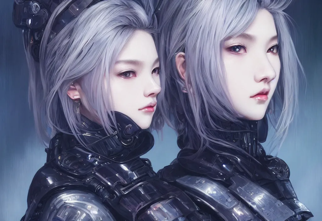 Image similar to portrait lisa blackpink + medium grey hair of futuristic police girl, black armored uniform, at futuristic cyberpunk tokyo night, ssci - fi and fantasy, intricate and very very very beautiful, highly detailed, digital painting, artstation, concept art, smooth and sharp focus, illustration, art by tian zi and wlop and alphonse mucha