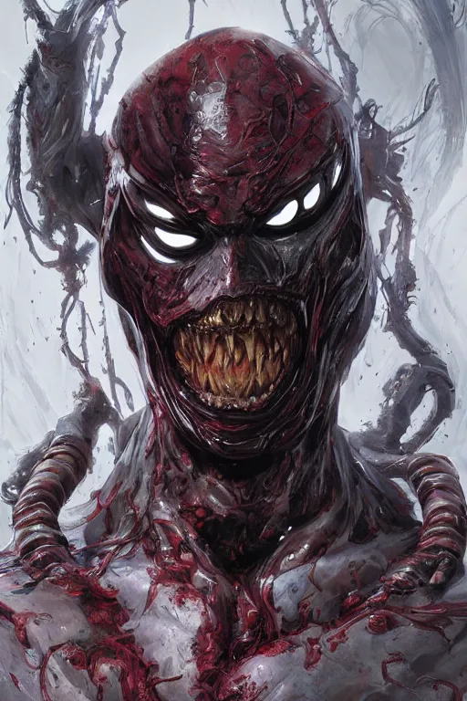 Image similar to Portrait of Steven Buscemi as symbiote Carnage, marvel comics, dark, intricate, highly detailed, smooth, artstation, digital illustration by Ruan Jia and Mandy Jurgens and Artgerm and Wayne Barlowe and Greg Rutkowski and Zdislav Beksinski