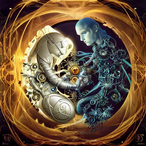 Image similar to a beautiful intricate fine art RPG portrait photo of a mechanical industrial steampunk cybernetic yin yang symbol, overgrown with morning glory flowers, montsera leaves by tom bagshaw and zach sutton, golden ratio composition, studio lighting, 50mm lens, very detailed, bionic, cybernetic scifi, deep depth of field, artstation, 8K, highly coherent