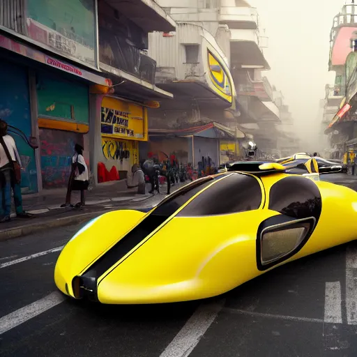 Image similar to wide shot of sleek yellow hover cars with stripes floating in the middle of a busy street in lagos, futuristic architecture, flamboyantly dressed africans walking, talking and trading, blade runner environment, digital concept art illustration by akihiko yoshida and jean - baptiste monge and makoto shinkai and wlop and wadim kashin, 4 k artstation