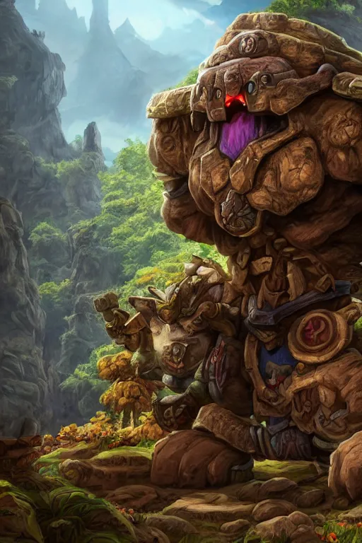 Image similar to zelda fantasy art giant golem troll wood rock greeble gemstone, global illumination ray tracing hdr fanart arstation by sung choi and eric pfeiffer and gabriel garza and casper konefal