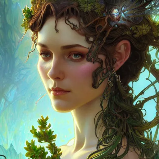 Image similar to Mischievous Dryad as Guardian, western, closeup, D&D, fantasy, intricate, elegant, highly detailed, digital painting, artstation, concept art, matte, sharp focus, illustration, art by Artgerm and Greg Rutkowski and Alphonse Mucha