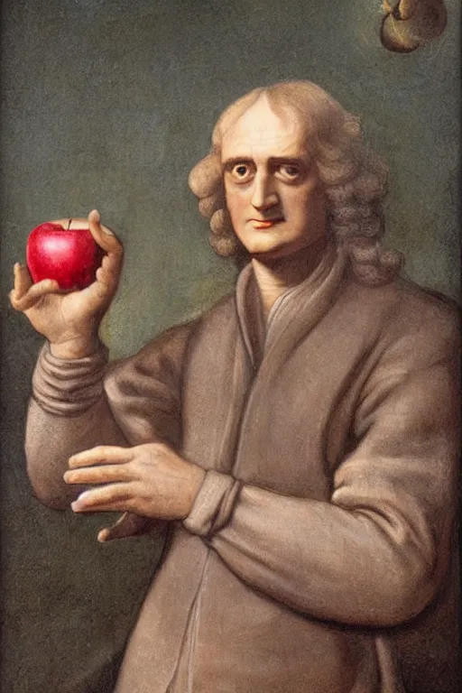 Image similar to isaac newton holding an apple, collage