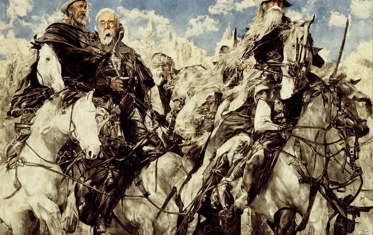 Prompt: A portrait of Sean Connery as gandalf the grey riding a white horse in minas tirith by Norman Rockwell