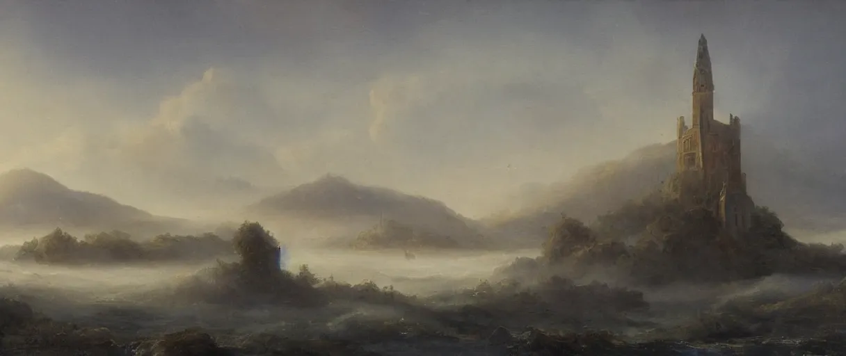 Image similar to an impossibly large tower rising from a sea of mist,evocative,romanticism landscape painting