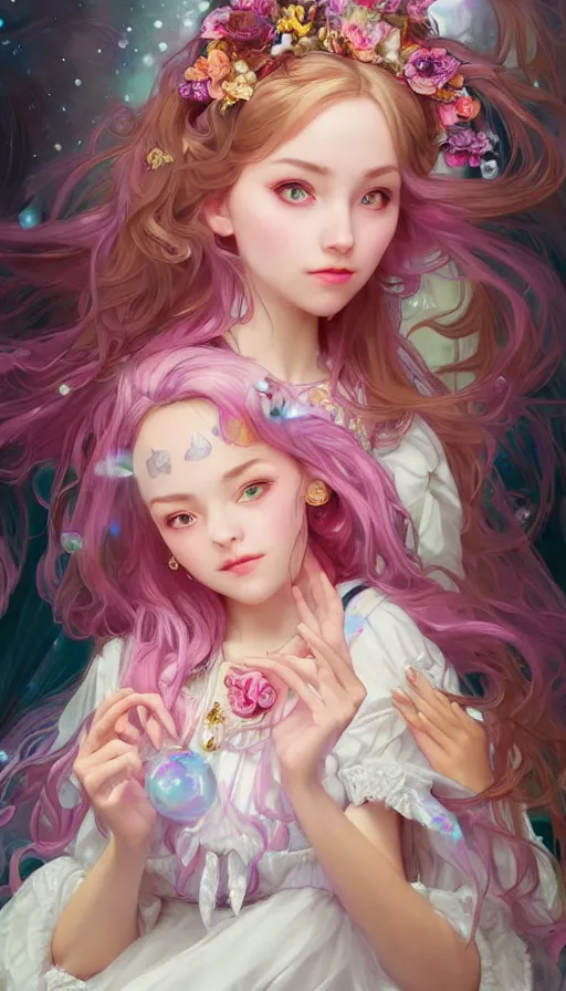 Image similar to portrait of magical lolita girl, dreamy and ethereal, expressive pose, big pink eyes, exciting expression, fantasy, intricate, elegant, many rainbow bubbles, rose tones, highly detailed, digital painting, artstation, concept art,cyberpunk wearing, smooth, sharp focus, illustration, art by artgerm and greg rutkowskiand alphonse mucha