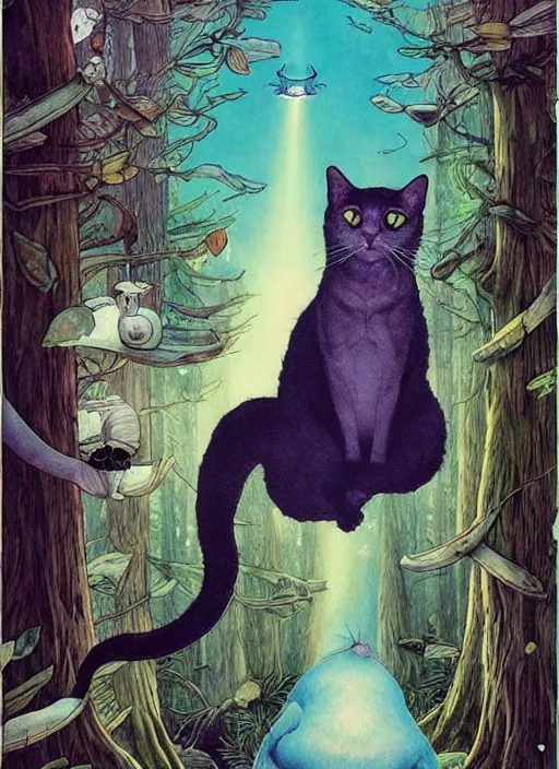 Image similar to a hyper realistic ink cat and the meaning of life and sunbeams blue sky, lush forest poster art by chiara bautista and kim jung giu and norman rockwell and greg rutkowski weta studio, and lucasfilm