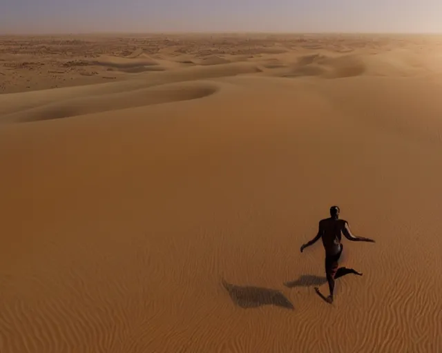 Prompt: a brown man floating on a magical carpet ride over the arabic desert.