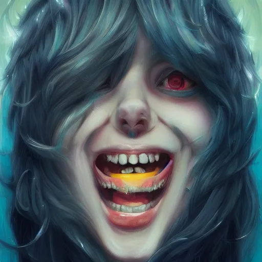 Prompt: a schizophrenic person laughing likes a psycho, by ross tran, oil on canvas