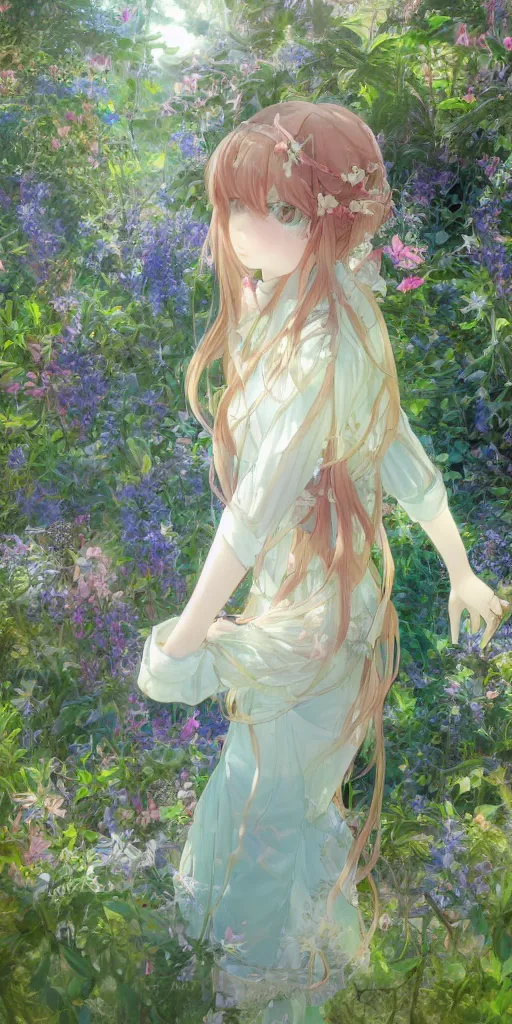 Prompt: a digital art of a loli with long hair in a dress in the privet garden at after noon, green and blue and warm theme, back lighting, highly detailed, 4 k resolution, trending on art station, elegant, depressed, melancholic, by krenz cushart and mucha and akihito yoshida and greg rutkowski and makoto shinkai