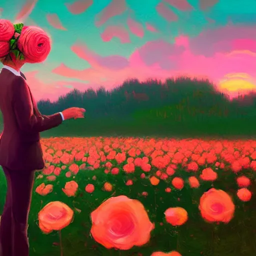 Image similar to closeup, giant rose flower head, frontal, girl in a suit, surreal photography, sunrise, dramatic light, impressionist painting, digital painting, artstation, simon stalenhag