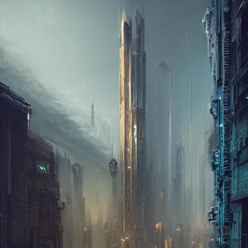 Prompt: highly detailed concept art of monumental huge tower in the cyberpunk city center trending on Artstation by Daniel Dociu and Greg Rutkowski, high quality, nomadic urbanism, sci-fi, futuristic, architecture