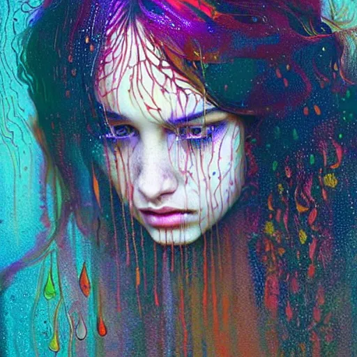 Image similar to girl in psychedelic LSD rain with wet hair and face, fantasy, intricate, elegant, dramatic lighting, emotionally evoking symbolic metaphor, highly detailed, lifelike, photorealistic, digital painting, artstation, concept art, smooth, sharp focus, illustration, art by John Collier and Albert Aublet and Krenz Cushart and Artem Demura and Alphonse Mucha