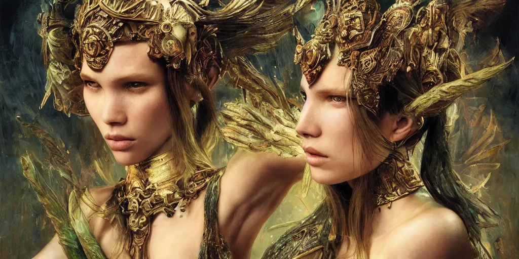 Prompt: epic masterpiece portrait of warrior played by sasha luss, followed by head with many souls, beautiful face and flawless skin, perfect hands, emeralds by Edgar Maxence and Ross Tran and Michael Whelan