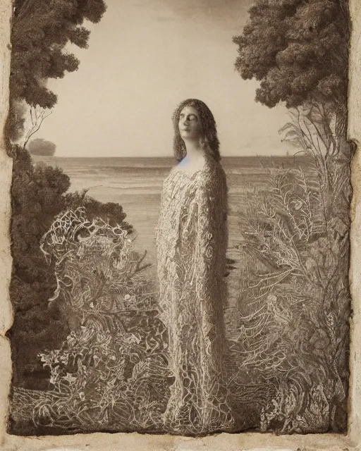 Image similar to a woman standing by the sea, made of intricate decorative lace leaf skeleton, in the style of the dutch masters and gregory crewdson, dark and moody