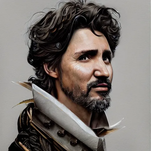 Prompt: portrait of justin trudeau, headshot, insanely nice hair style, dramatic hair color, digital painting, of a old 17th century, old cyborg merchant, amber jewels, baroque, ornate clothing, scifi, realistic, hyperdetailed, chiaroscuro, concept art, art by Franz Hals and Jon Foster and Ayami Kojima and Amano and Karol Bak,