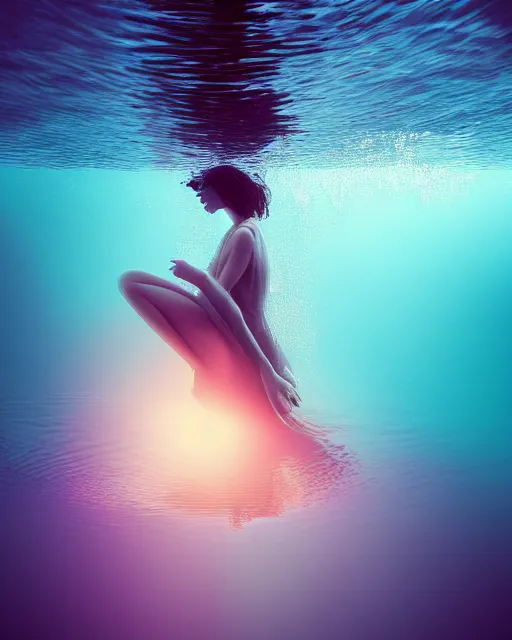 Image similar to photo of beautiful woman underwater during sunrise, flowing fabric, sunrays, elegant, caustics, rippling water, photoshoot, haunting, iconic, masterpiece, sharp focus, art by trending on artstation