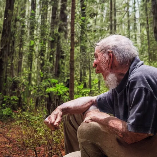 Image similar to an old man looking to sea from forest, animals in forest