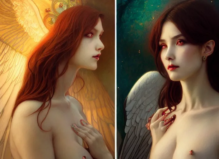 Image similar to portrait of demonic woman and angelic woman, confident pose, pixie, genshin impact, intricate, elegant, sharp focus, soft bokeh, illustration, highly detailed, concept art, matte, trending on artstation, bright colors, art by wlop and artgerm and greg rutkowski, mucha, giger, marvel comics and beksinski