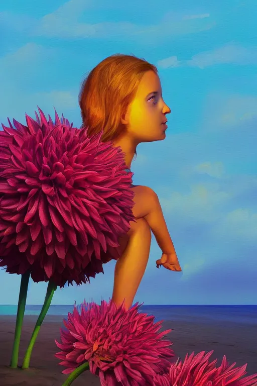 Image similar to closeup giant dahlia flower head, girl sitting on beach, surreal photography, blue sky, sunrise, dramatic light, impressionist painting, digital painting, artstation, simon stalenhag