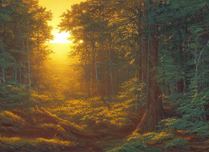 Prompt: the sun rose over the horizon and bathed the forest with a warm golden glow. the trees of the forest seemed to stretch toward the sky, reaching for the light of day. & d concept art, d & d wallpaper, warm, walls painted blue, blue walls, digital art. art by james gurney and larry elmore.