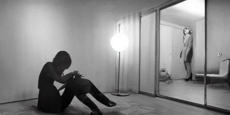 Prompt: photorealistic Cinematography of a woman crying on the floor at night in a mid century modern apartment shot on film at magic hour in a room filled with volumetric haze by the shining Cinematographer john alcott on a cooke panchro 18mm lens .